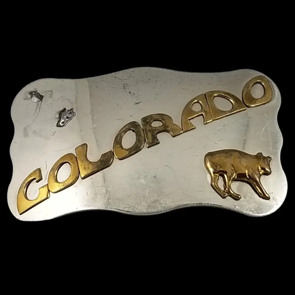 Vintage Belt Buckle Nickel‎ Silver Colorado State Silver And Gold Color Embossed